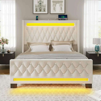 Queen Bed Frame with LED Light and Charging Station, Upholstered High Headboard and Footboard, Wood Slats, Noise Free