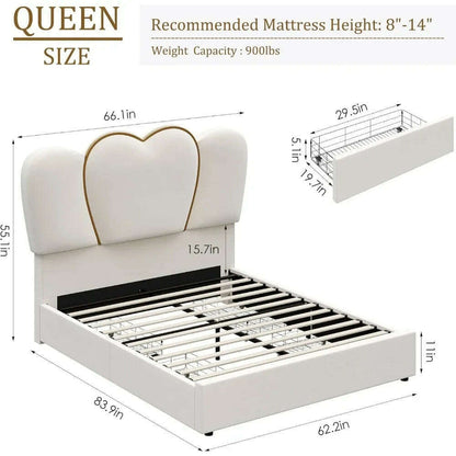 Queen LED Bed Frame with 4 Storage Drawers, Modern Velvet Upholstered Platform Bed with 55" Tall Heart Shaped Headboard