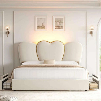 Queen LED Bed Frame with 4 Storage Drawers, Modern Velvet Upholstered Platform Bed with 55" Tall Heart Shaped Headboard