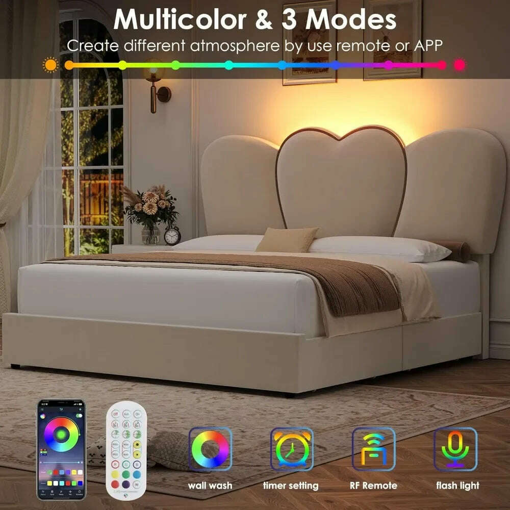 Queen LED Bed Frame with 4 Storage Drawers, Modern Velvet Upholstered Platform Bed with 55" Tall Heart Shaped Headboard