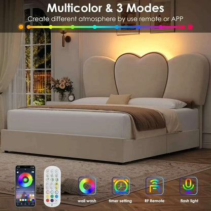 Queen LED Bed Frame with 4 Storage Drawers, Modern Velvet Upholstered Platform Bed with 55" Tall Heart Shaped Headboard