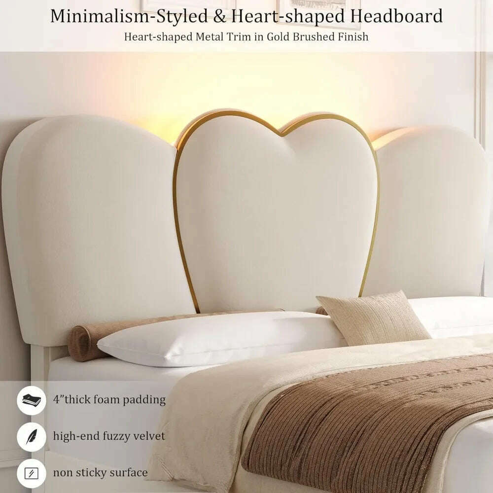 Queen LED Bed Frame with 4 Storage Drawers, Modern Velvet Upholstered Platform Bed with 55" Tall Heart Shaped Headboard