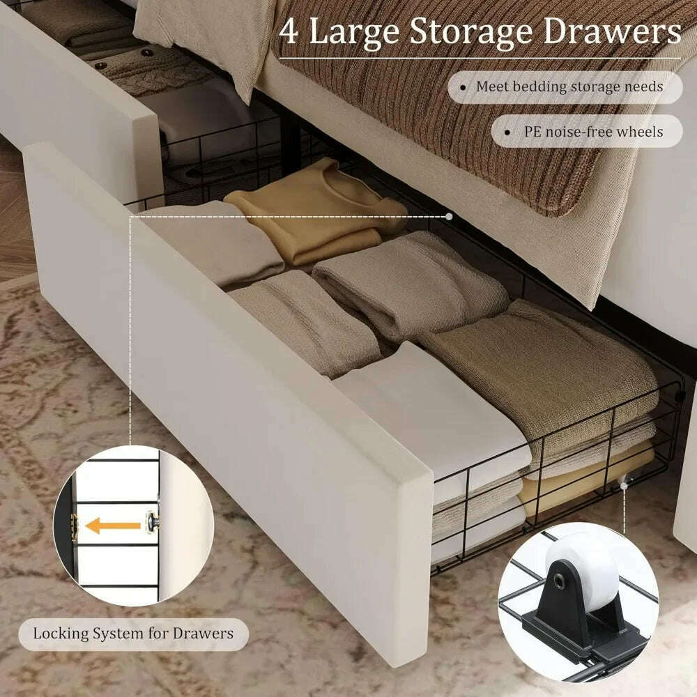Queen LED Bed Frame with 4 Storage Drawers, Modern Velvet Upholstered Platform Bed with 55" Tall Heart Shaped Headboard