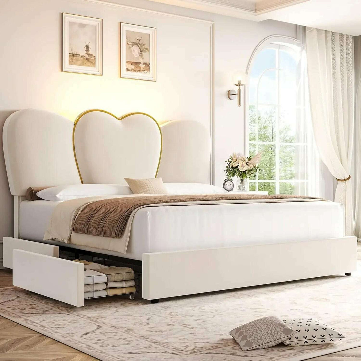 Queen LED Bed Frame with 4 Storage Drawers, Modern Velvet Upholstered Platform Bed with 55" Tall Heart Shaped Headboard