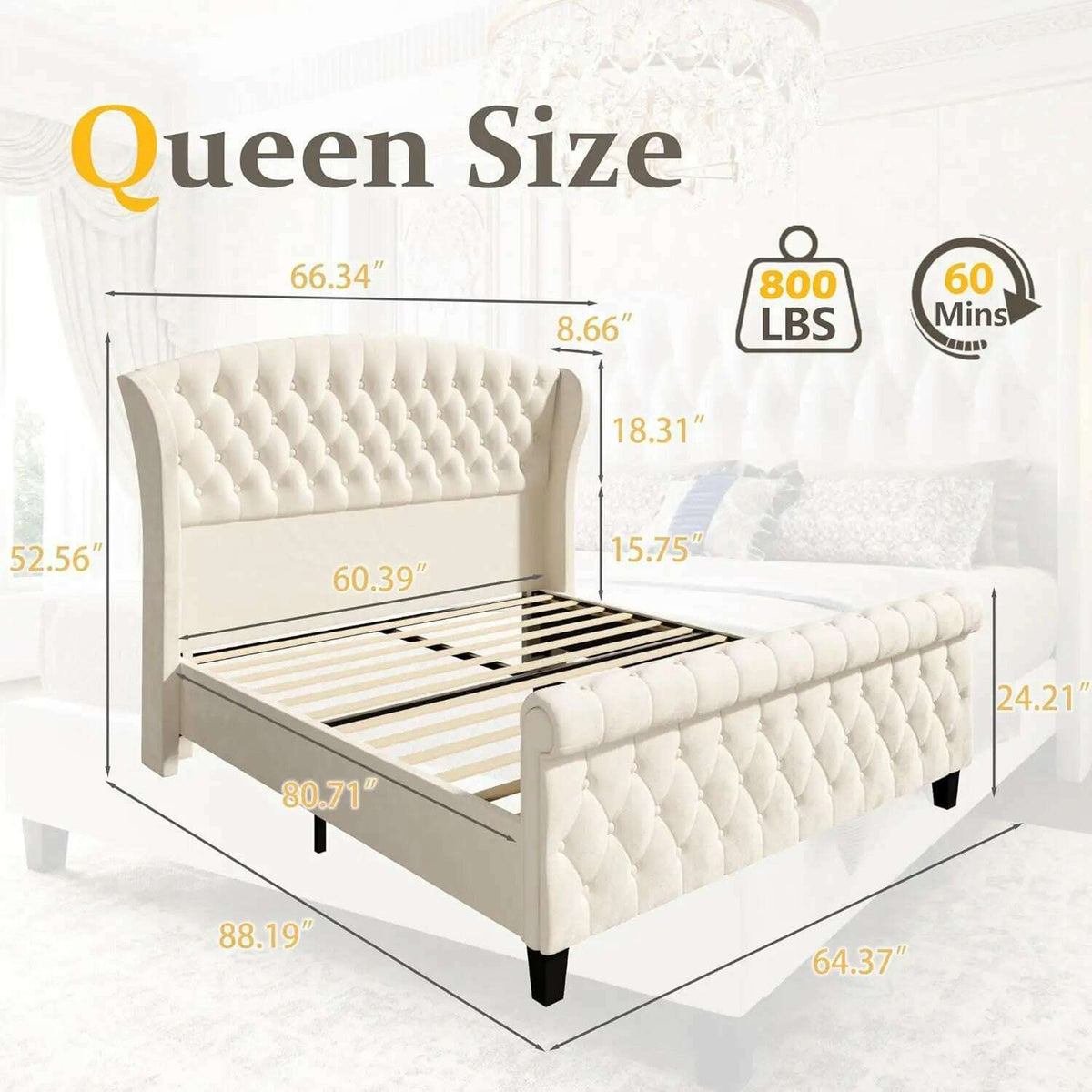 Queen Platform Bed Frame,52.5"Tall Velvet Upholstered Sleigh Bed with Scroll Wingback Headboard & Footboard/No Box Spring Needed