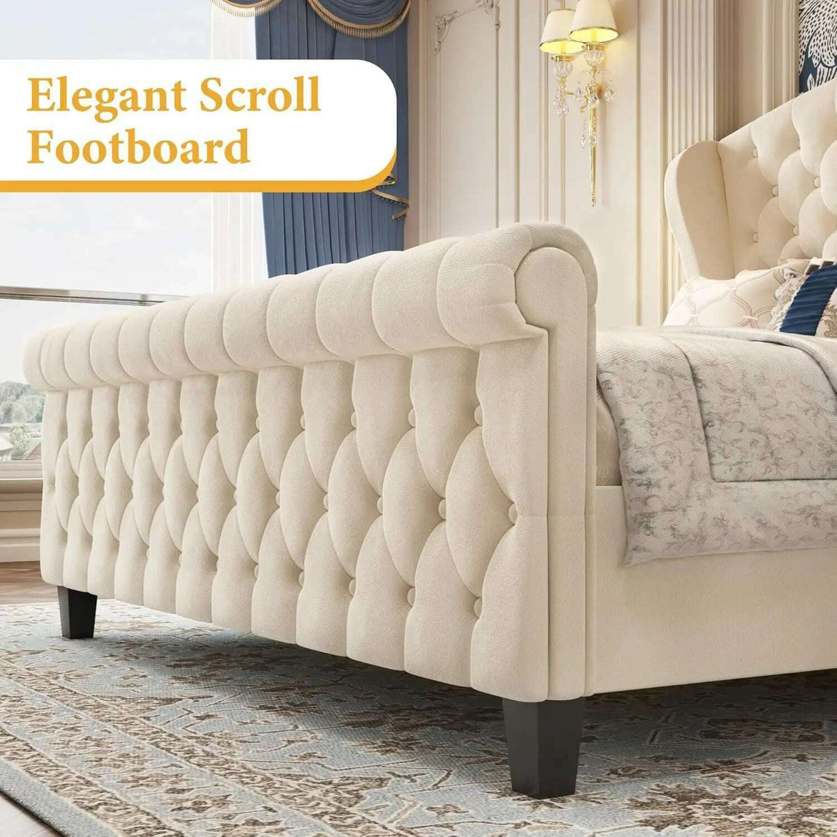 Queen Platform Bed Frame,52.5"Tall Velvet Upholstered Sleigh Bed with Scroll Wingback Headboard & Footboard/No Box Spring Needed