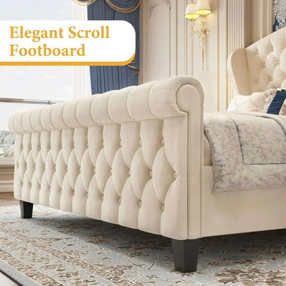 Queen Platform Bed Frame,52.5"Tall Velvet Upholstered Sleigh Bed with Scroll Wingback Headboard & Footboard/No Box Spring Needed