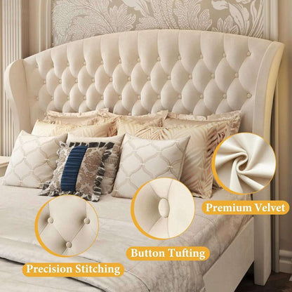 Queen Platform Bed Frame,52.5"Tall Velvet Upholstered Sleigh Bed with Scroll Wingback Headboard & Footboard/No Box Spring Needed