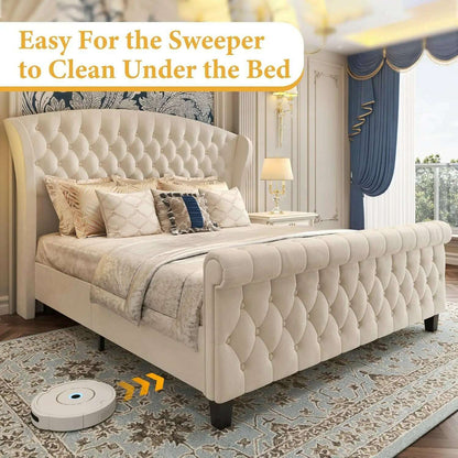 Queen Platform Bed Frame,52.5"Tall Velvet Upholstered Sleigh Bed with Scroll Wingback Headboard & Footboard/No Box Spring Needed