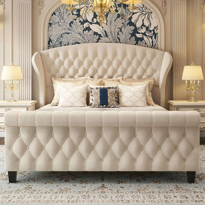 Queen Platform Bed Frame,52.5"Tall Velvet Upholstered Sleigh Bed with Scroll Wingback Headboard & Footboard/No Box Spring Needed