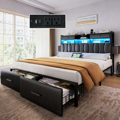 Queen Size Bed Frame with 2 Storage Drawers and Charging Station, Upholstered Platform Bed with Storage Headboard and LED Light