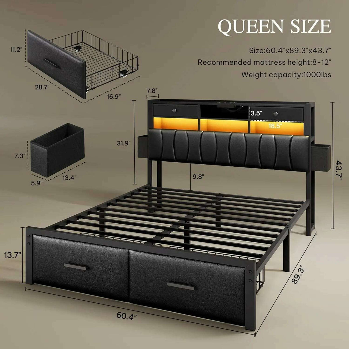 Queen Size Bed Frame with 2 Storage Drawers and Charging Station, Upholstered Platform Bed with Storage Headboard and LED Light