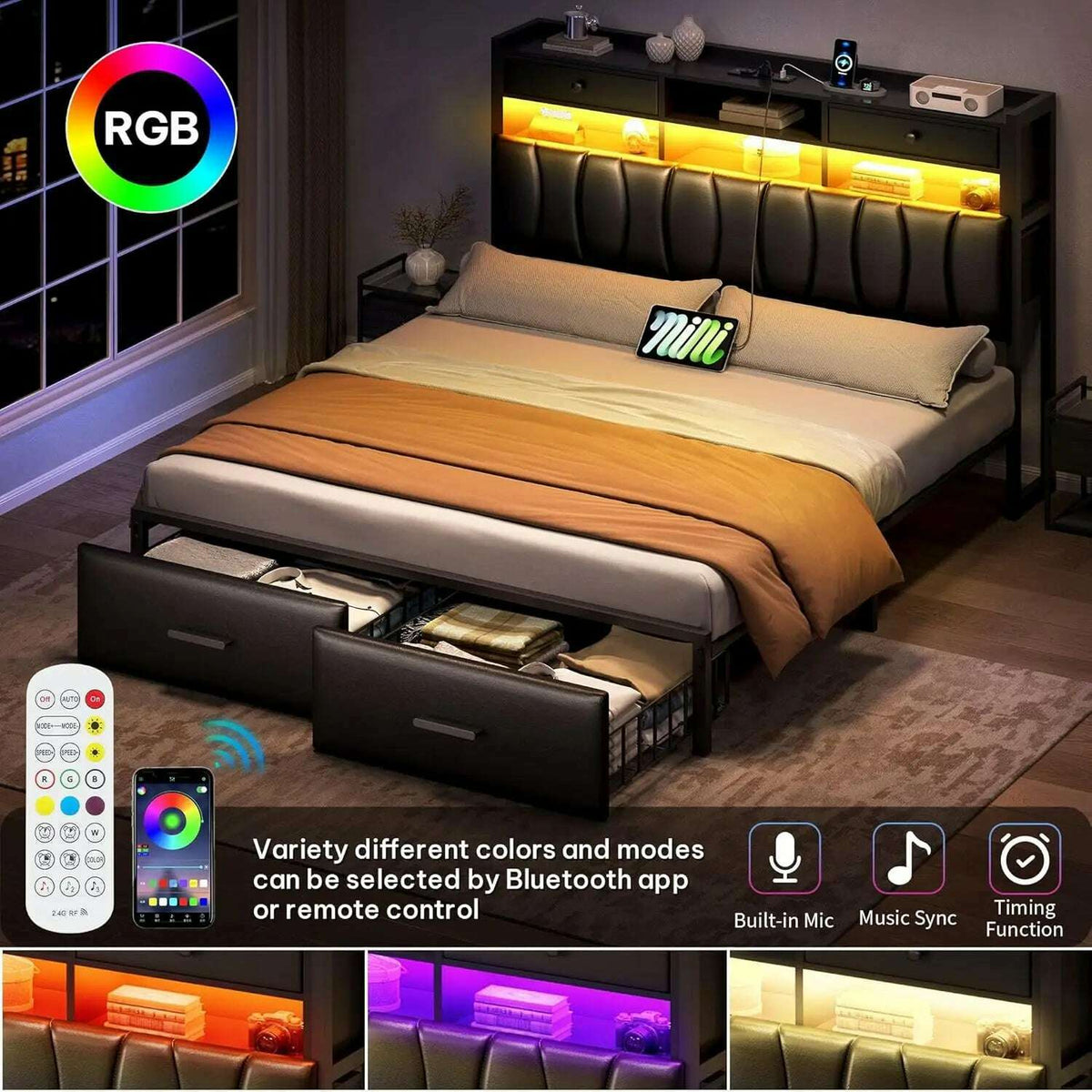 Queen Size Bed Frame with 2 Storage Drawers and Charging Station, Upholstered Platform Bed with Storage Headboard and LED Light