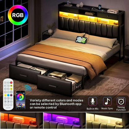 Queen Size Bed Frame with 2 Storage Drawers and Charging Station, Upholstered Platform Bed with Storage Headboard and LED Light