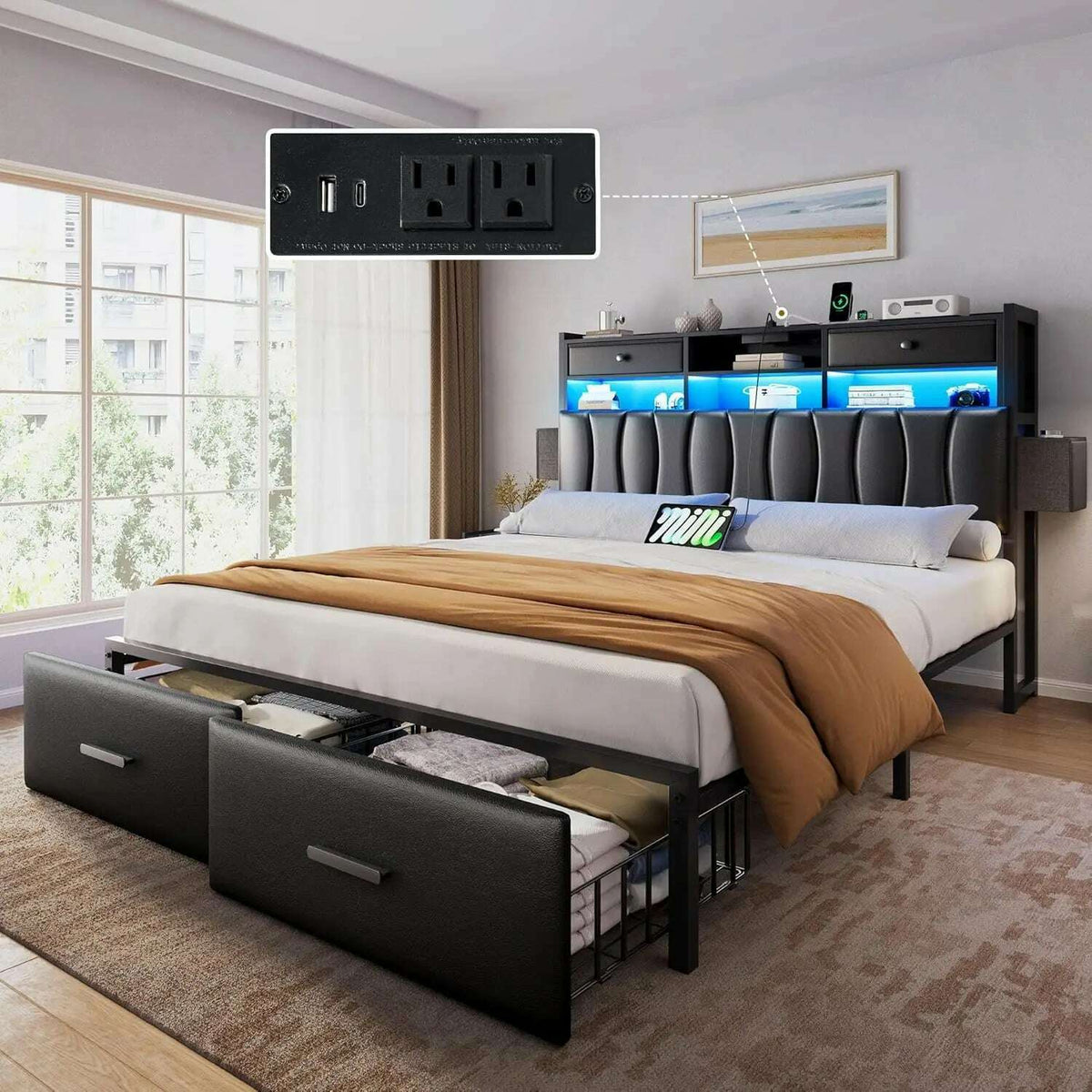 Queen Size Bed Frame with 2 Storage Drawers and Charging Station, Upholstered Platform Bed with Storage Headboard and LED Light