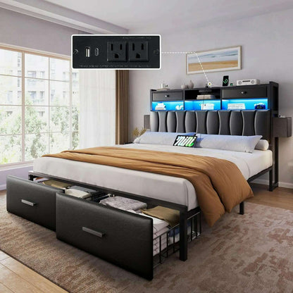 Queen Size Bed Frame with 2 Storage Drawers and Charging Station, Upholstered Platform Bed with Storage Headboard and LED Light