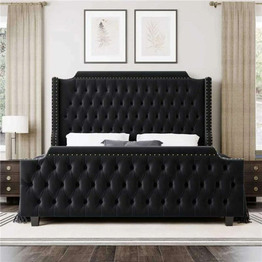 Queen Size Platform Bed Frame with 54" Tall Wingback Headboard & Deep Button Tufted Footboard, Velvet Upholstered Bed Frame