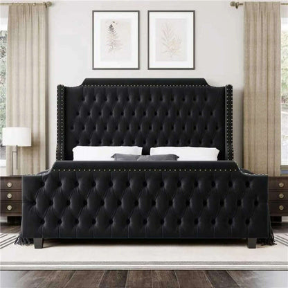 Queen Size Platform Bed Frame with 54" Tall Wingback Headboard & Deep Button Tufted Footboard, Velvet Upholstered Bed Frame