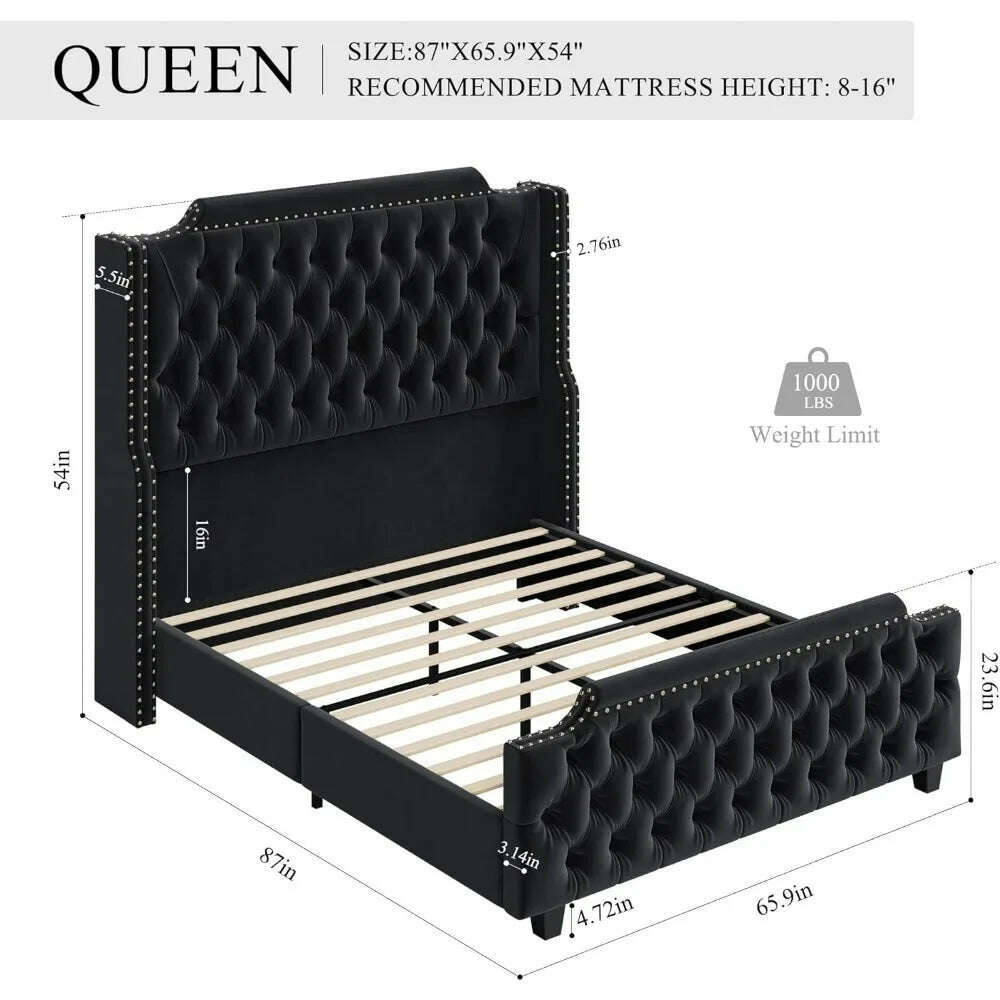 Queen Size Platform Bed Frame with 54" Tall Wingback Headboard & Deep Button Tufted Footboard, Velvet Upholstered Bed Frame