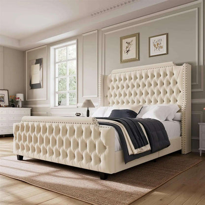 Queen Size Platform Bed Frame with 54" Tall Wingback Headboard & Deep Button Tufted Footboard, Velvet Upholstered Bed Frame