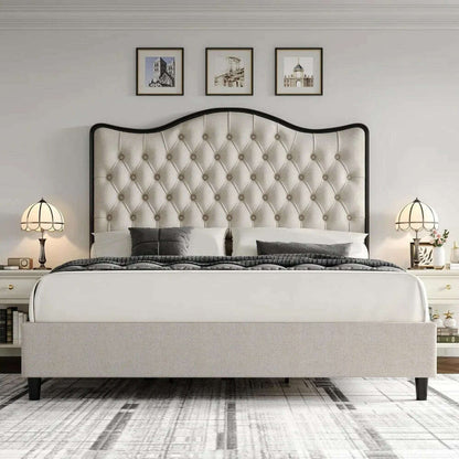 Queen Size Platform Bed Frame with 55" Tall Curved Headboard, Linen Modern Upholstered Frame with Deep Tufted Button Black/Beige