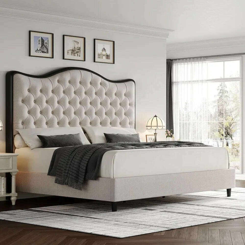 Queen Size Platform Bed Frame with 55" Tall Curved Headboard, Linen Modern Upholstered Frame with Deep Tufted Button Black/Beige