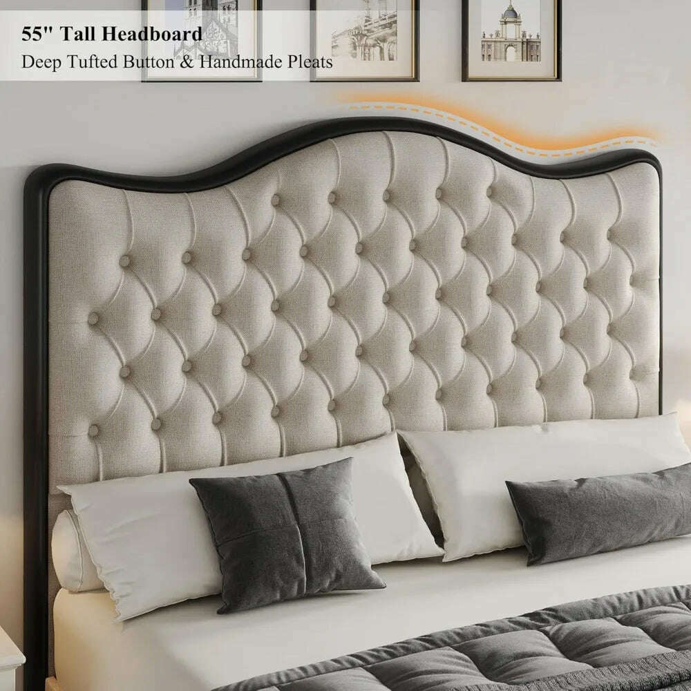 Queen Size Platform Bed Frame with 55" Tall Curved Headboard, Linen Modern Upholstered Frame with Deep Tufted Button Black/Beige