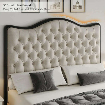 Queen Size Platform Bed Frame with 55" Tall Curved Headboard, Linen Modern Upholstered Frame with Deep Tufted Button Black/Beige