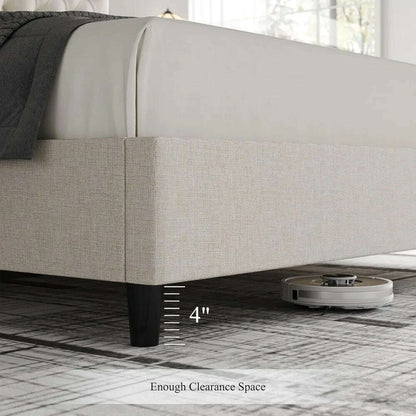 Queen Size Platform Bed Frame with 55" Tall Curved Headboard, Linen Modern Upholstered Frame with Deep Tufted Button Black/Beige