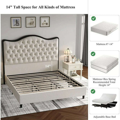 Queen Size Platform Bed Frame with 55" Tall Curved Headboard, Linen Modern Upholstered Frame with Deep Tufted Button Black/Beige