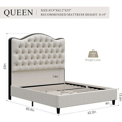 Queen Size Platform Bed Frame with 55" Tall Curved Headboard, Linen Modern Upholstered Frame with Deep Tufted Button Black/Beige