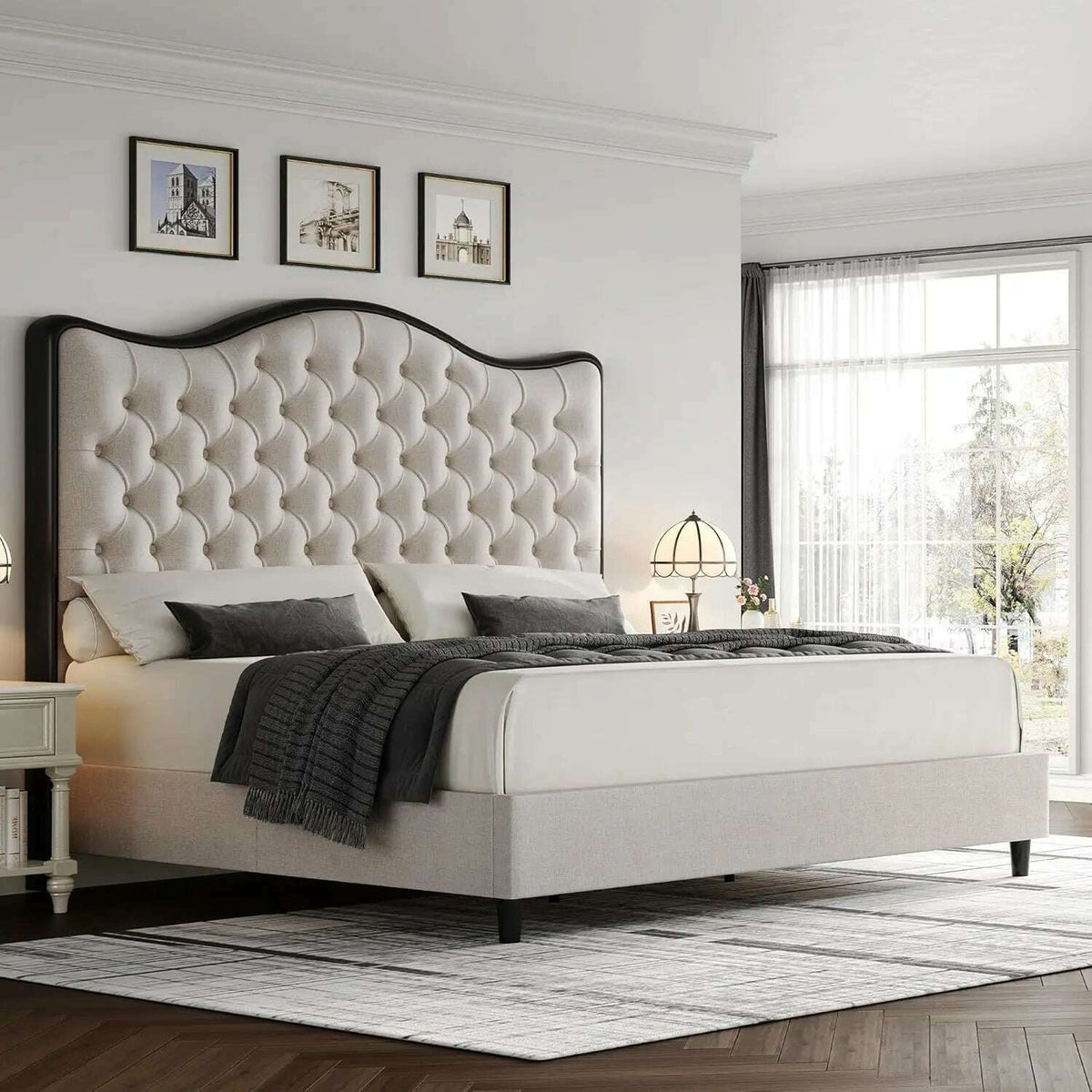 Queen Size Platform Bed Frame with 55" Tall Curved Headboard, Linen Modern Upholstered Frame with Deep Tufted Button Black/Beige