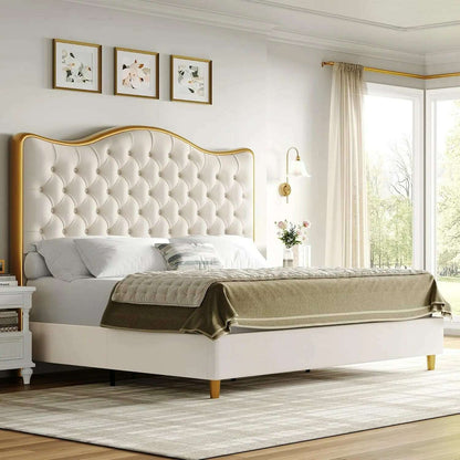 Queen Size Platform Bed Frame with 55" Tall Curved Headboard, Linen Modern Upholstered Frame with Deep Tufted Button Black/Beige