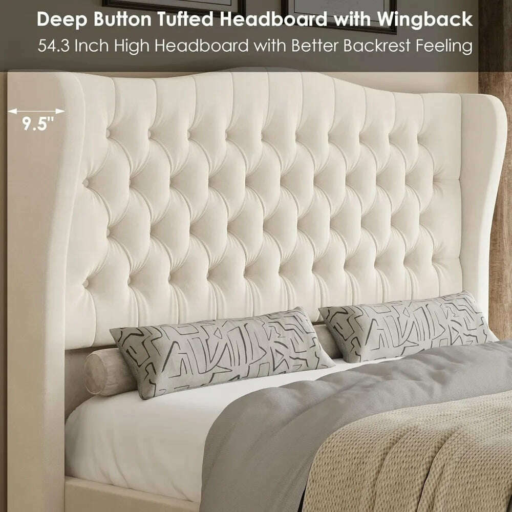 Queen Size Tall Platform Bed Frame with Wingback Headboard and Footboard,Velvet Upholstered Bed Frame,No Box Spring Needed