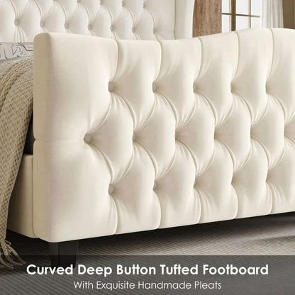 Queen Size Tall Platform Bed Frame with Wingback Headboard and Footboard,Velvet Upholstered Bed Frame,No Box Spring Needed