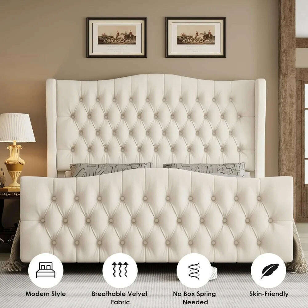 Queen Size Tall Platform Bed Frame with Wingback Headboard and Footboard,Velvet Upholstered Bed Frame,No Box Spring Needed