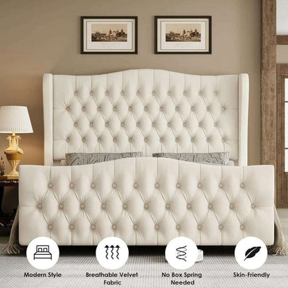 Queen Size Tall Platform Bed Frame with Wingback Headboard and Footboard,Velvet Upholstered Bed Frame,No Box Spring Needed