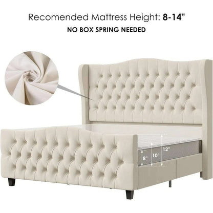 Queen Size Tall Platform Bed Frame with Wingback Headboard and Footboard,Velvet Upholstered Bed Frame,No Box Spring Needed