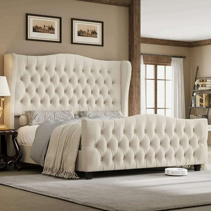 Queen Size Tall Platform Bed Frame with Wingback Headboard and Footboard,Velvet Upholstered Bed Frame,No Box Spring Needed