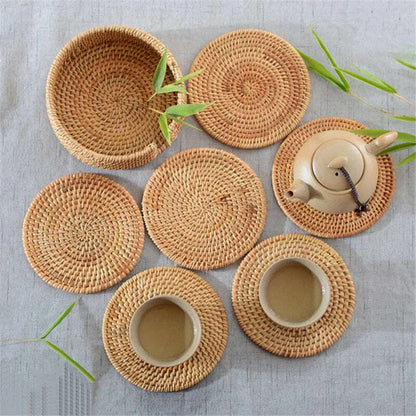 Rattan Weave Cup Mat Set Drink Coasters Round Pot Pad Table Dish Placemat Home Table Decoration Insulation Handmade Coffee Mat