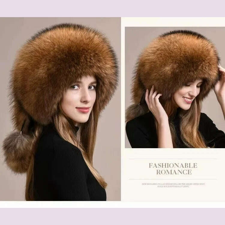 Real Fox Fur Hat For Women Winter Thickened Warm Natural Fur Princess Hat Adjustable Russians Cap Real Raccoon Fur Bomber Caps