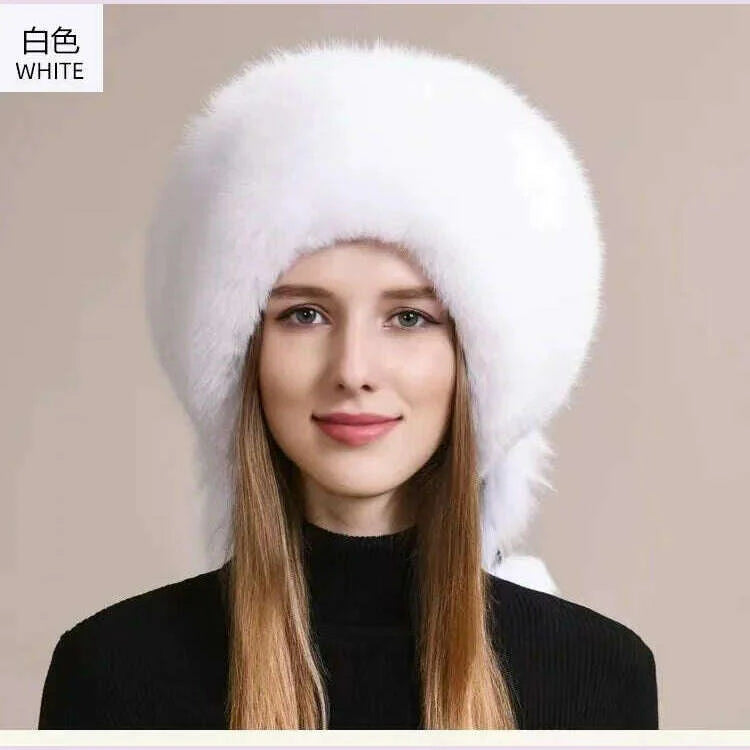 Real Fox Fur Hat For Women Winter Thickened Warm Natural Fur Princess Hat Adjustable Russians Cap Real Raccoon Fur Bomber Caps