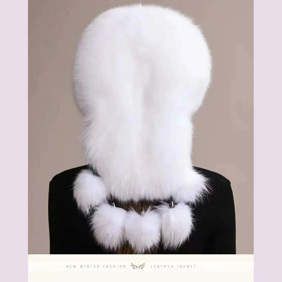 Real Fox Fur Hat For Women Winter Thickened Warm Natural Fur Princess Hat Adjustable Russians Cap Real Raccoon Fur Bomber Caps