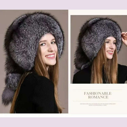 Real Fox Fur Hat For Women Winter Thickened Warm Natural Fur Princess Hat Adjustable Russians Cap Real Raccoon Fur Bomber Caps
