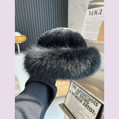 Real Mink Fur Hat For Women Winter Natural Mink Fur Hat With Fox Fur Brim Female Fashion Fisherman Hat Thicked Fur Bomber Hats