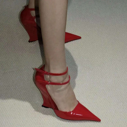 Red Cherry Wedge High Heels 2024 Pointed Toe Sexy Fashion Mary Jane Pumps Old Money Shoes For Women Ladies