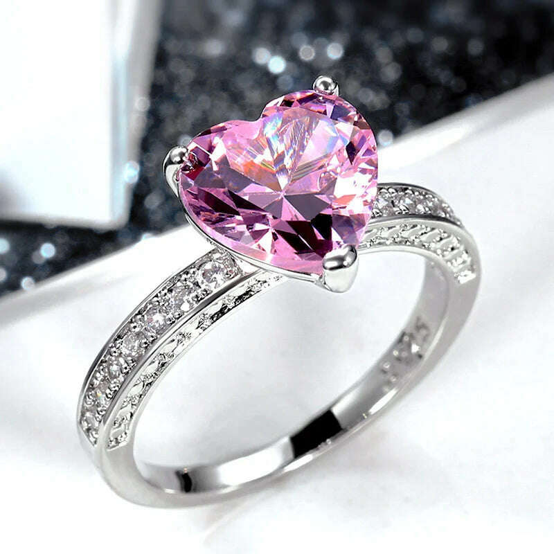 Romantic Pink Heart shaped Ring for Female Cubic Zirconia Bridal Wedding Party  with Minimalist Fashion Jewelry Accessories
