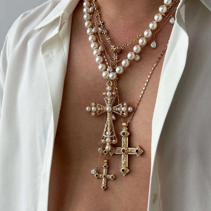 Salircon 4pcs/set Aesthetic Design Jesus Cross Pendant Necklace Men Vintage Luxury Imitation Pearl Chain Choker Punk Jewelry