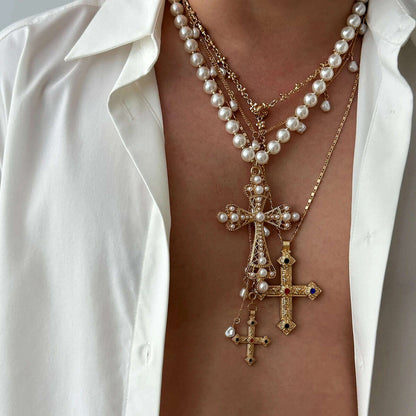Salircon 4pcs/set Aesthetic Design Jesus Cross Pendant Necklace Men Vintage Luxury Imitation Pearl Chain Choker Punk Jewelry