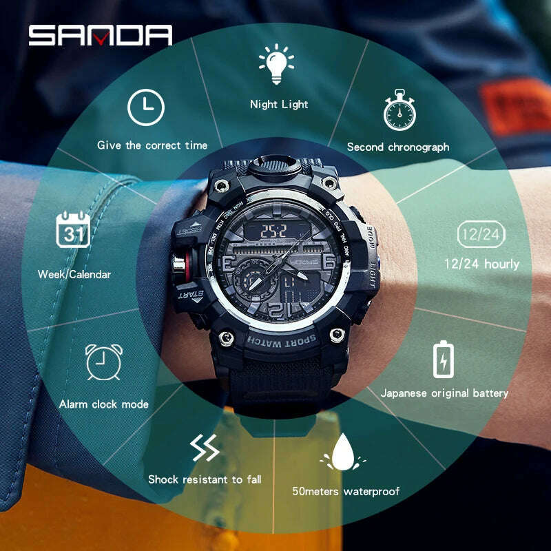 SANDA G style Top Men Watch 50M Waterproof Sports Military Quartz Watch For Male Electron LED Digital Wristwatch Reloj De Hombre